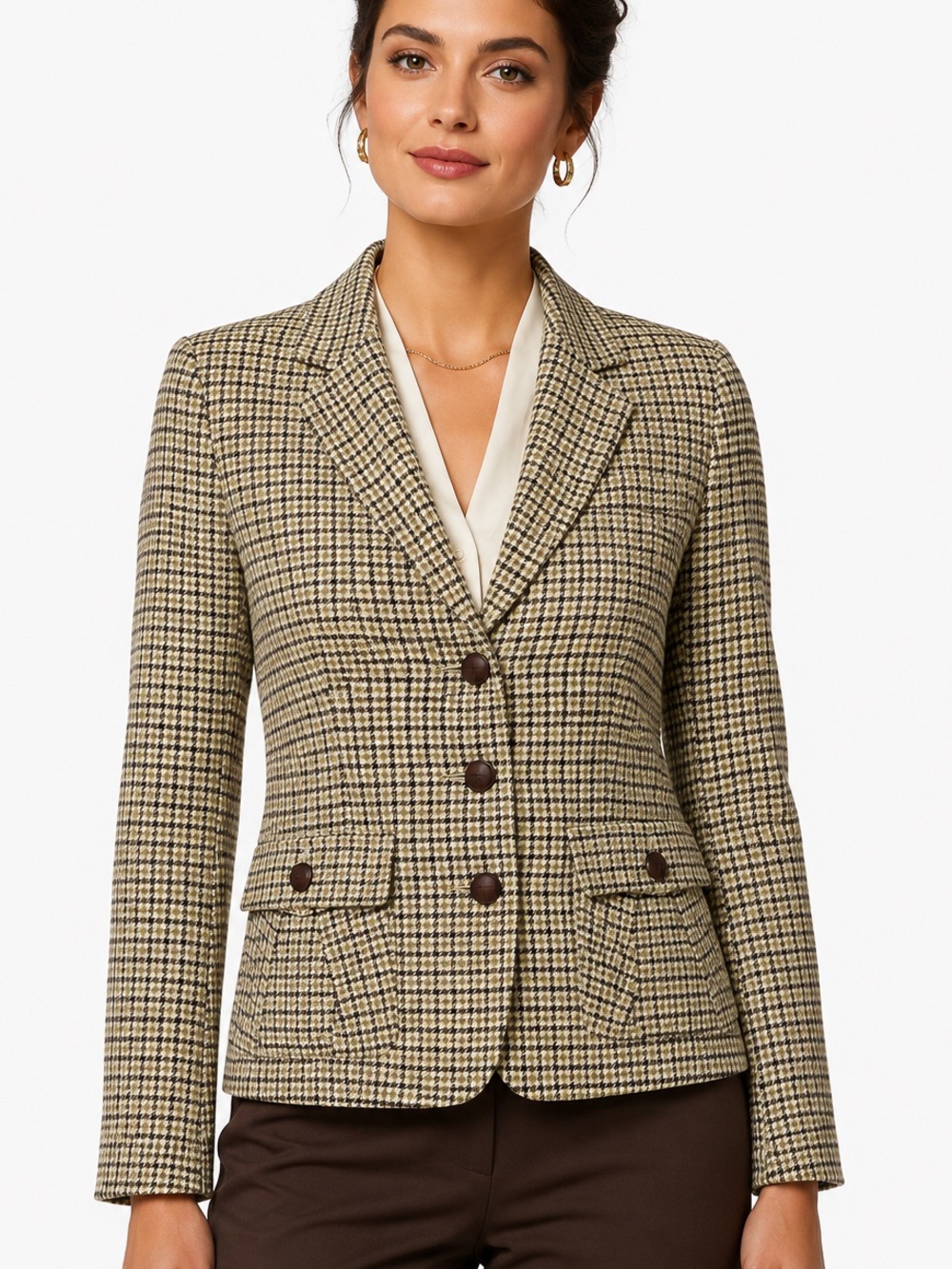 Talbots Size 10 Petite Brown + Green Houndstooth Wool-Blend Blazer Jacket